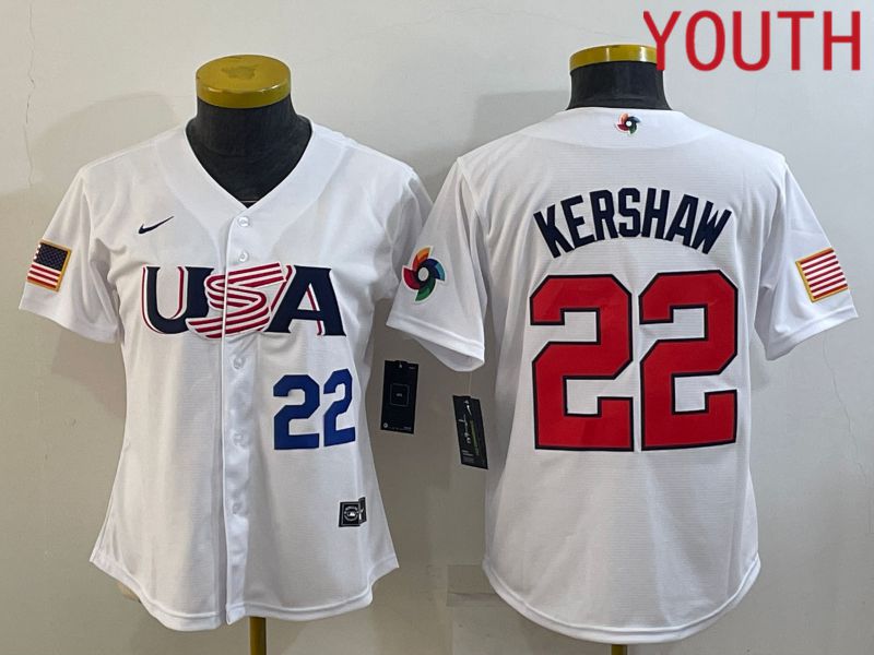 Youth 2023 World Cub USA #22 Kershaw White MLB Jersey5